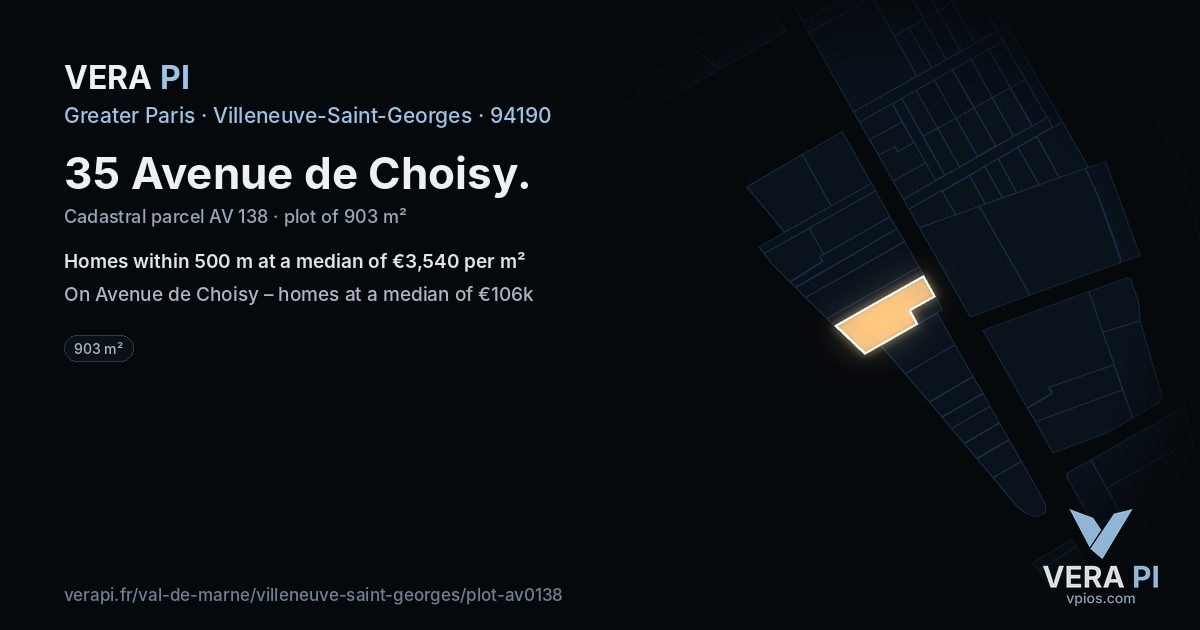 35 Avenue de Choisy, Villeneuve-Saint-Georges at night – the plot lit, the parcels around coloured by the prices near them
