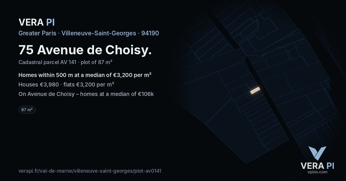 75 Avenue de Choisy, Villeneuve-Saint-Georges at night – the plot lit, the parcels around coloured by the prices near them