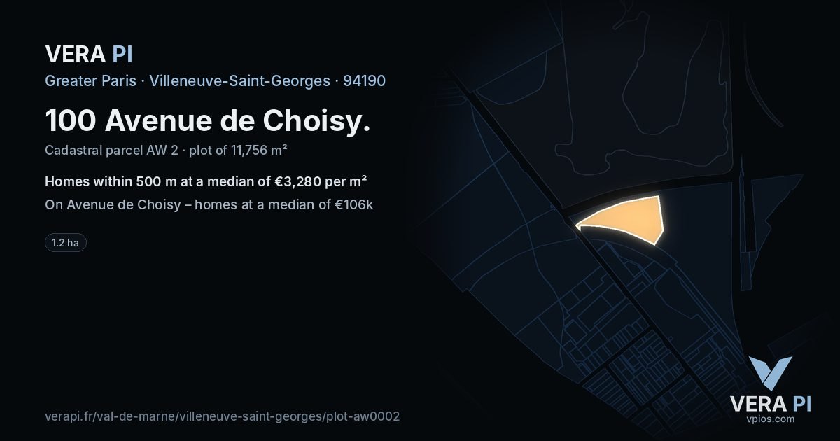 100 Avenue de Choisy, Villeneuve-Saint-Georges at night – the plot lit, the parcels around coloured by the prices near them