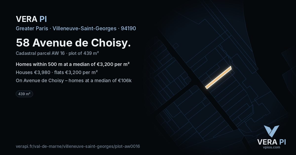 58 Avenue de Choisy, Villeneuve-Saint-Georges at night – the plot lit, the parcels around coloured by the prices near them