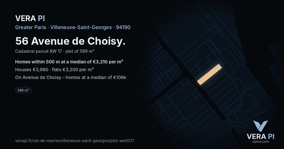 56 Avenue de Choisy, Villeneuve-Saint-Georges at night – the plot lit, the parcels around coloured by the prices near them