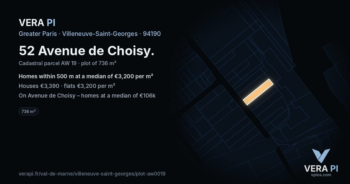 52 Avenue de Choisy, Villeneuve-Saint-Georges at night – the plot lit, the parcels around coloured by the prices near them