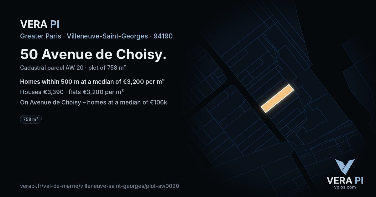 50 Avenue de Choisy, Villeneuve-Saint-Georges at night – the plot lit, the parcels around coloured by the prices near them