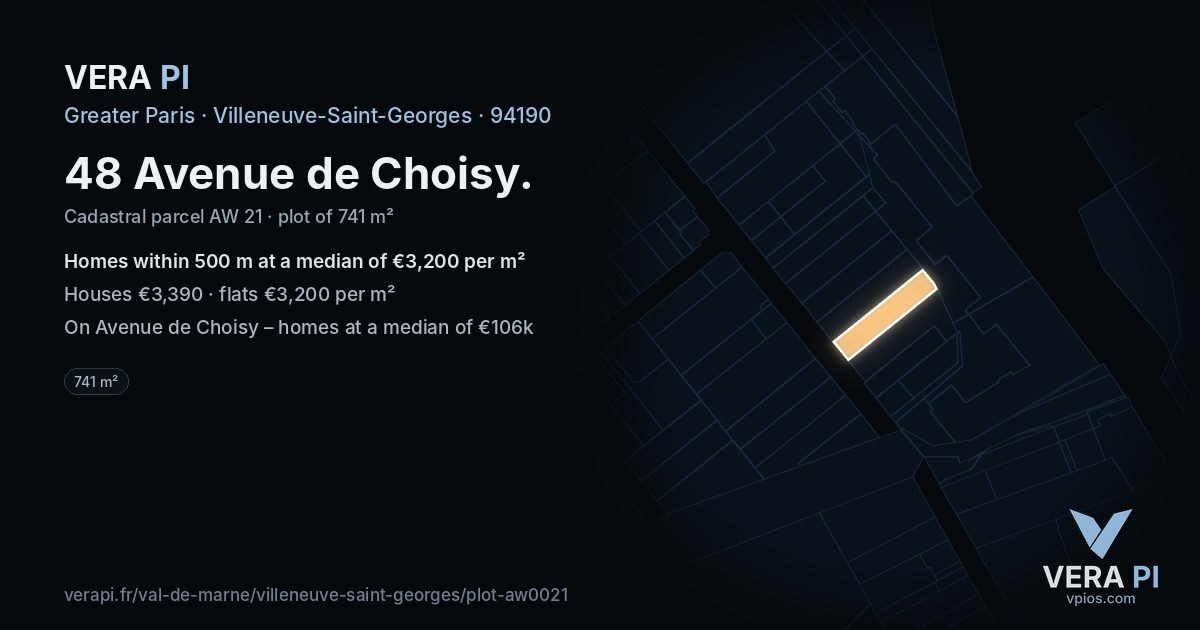 48 Avenue de Choisy, Villeneuve-Saint-Georges at night – the plot lit, the parcels around coloured by the prices near them