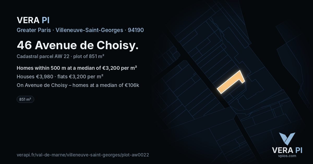 46 Avenue de Choisy, Villeneuve-Saint-Georges at night – the plot lit, the parcels around coloured by the prices near them