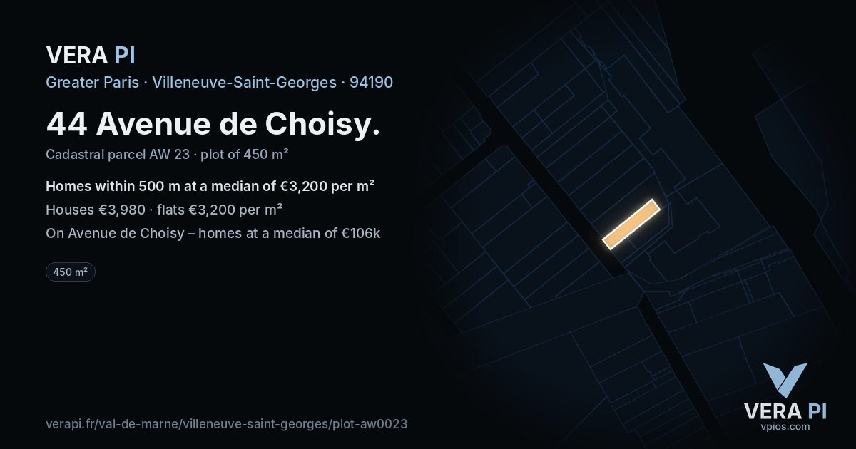 44 Avenue de Choisy, Villeneuve-Saint-Georges at night – the plot lit, the parcels around coloured by the prices near them