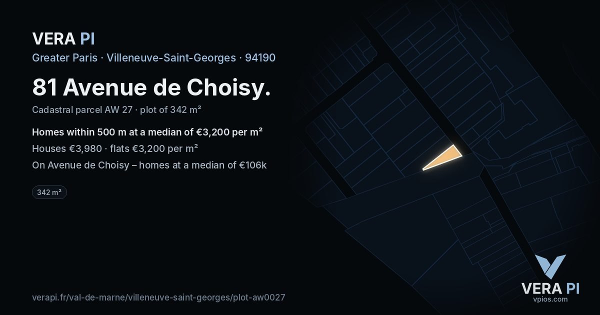 81 Avenue de Choisy, Villeneuve-Saint-Georges at night – the plot lit, the parcels around coloured by the prices near them