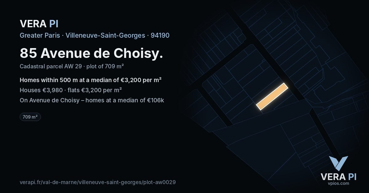 85 Avenue de Choisy, Villeneuve-Saint-Georges at night – the plot lit, the parcels around coloured by the prices near them
