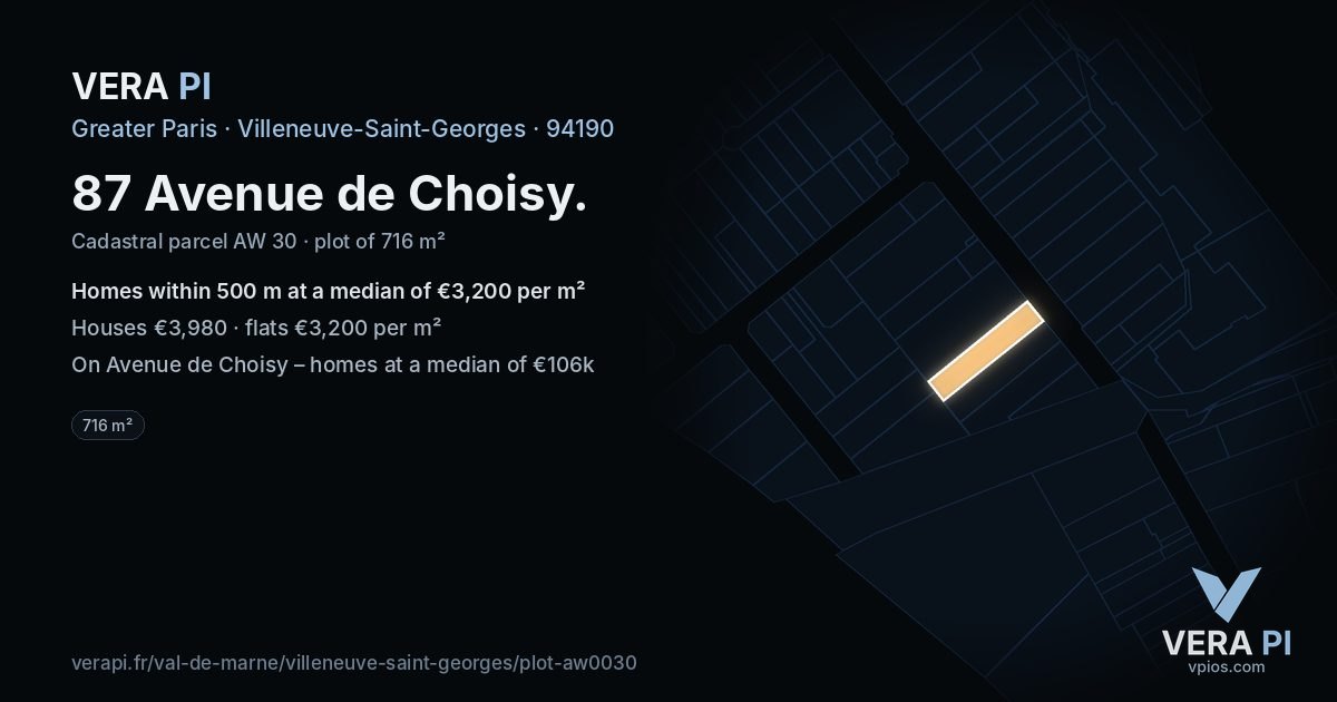 87 Avenue de Choisy, Villeneuve-Saint-Georges at night – the plot lit, the parcels around coloured by the prices near them