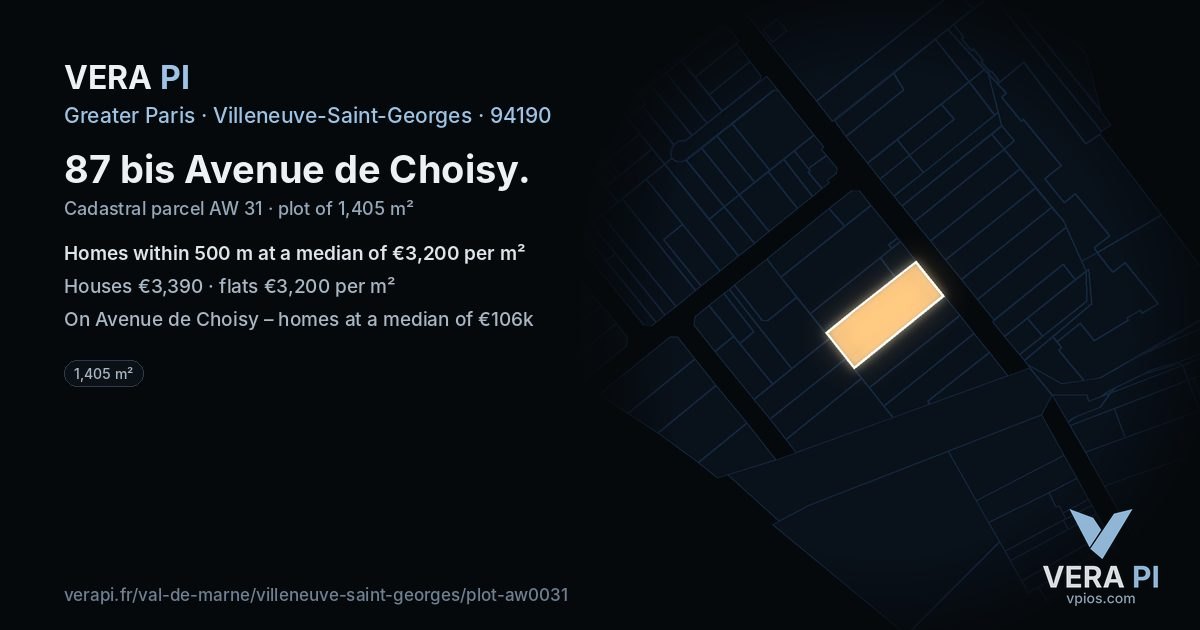 87 bis Avenue de Choisy, Villeneuve-Saint-Georges at night – the plot lit, the parcels around coloured by the prices near them