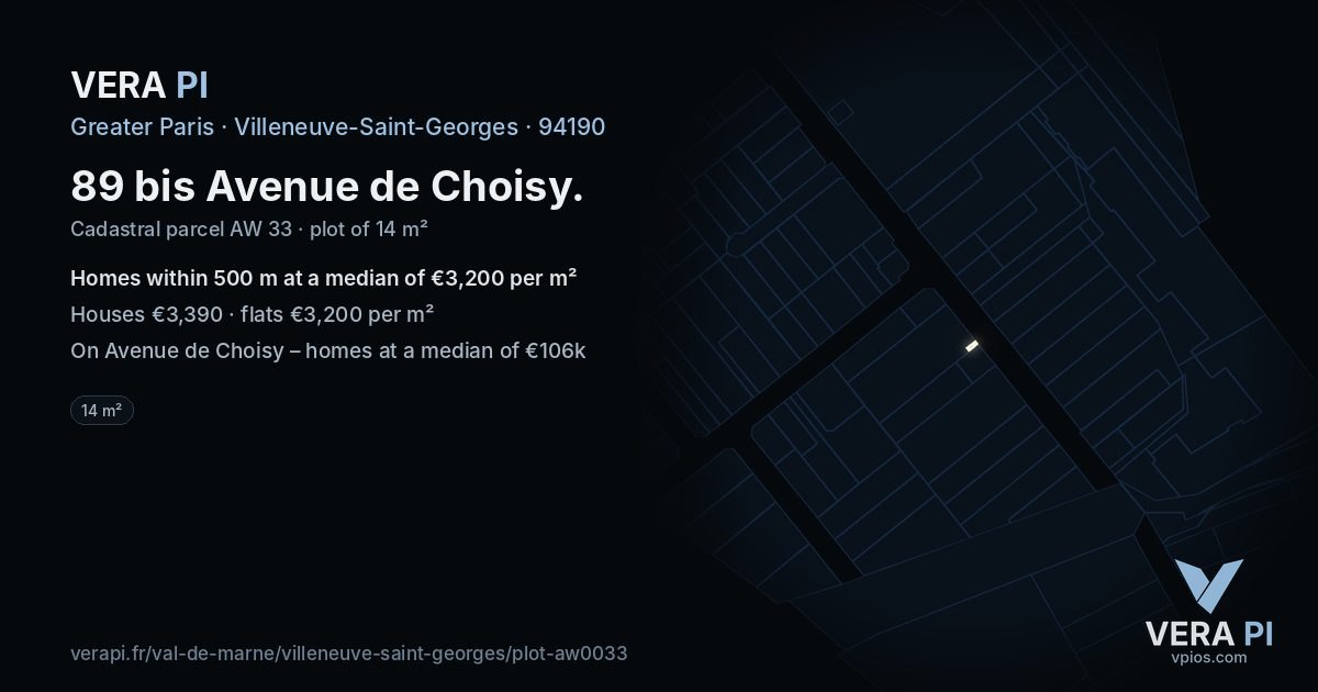 89 bis Avenue de Choisy, Villeneuve-Saint-Georges at night – the plot lit, the parcels around coloured by the prices near them