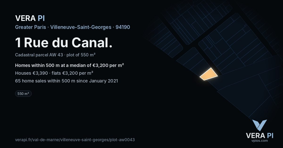 1 Rue du Canal, Villeneuve-Saint-Georges at night – the plot lit, the parcels around coloured by the prices near them