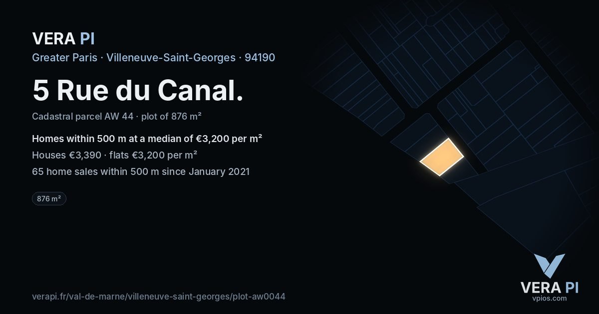 5 Rue du Canal, Villeneuve-Saint-Georges at night – the plot lit, the parcels around coloured by the prices near them