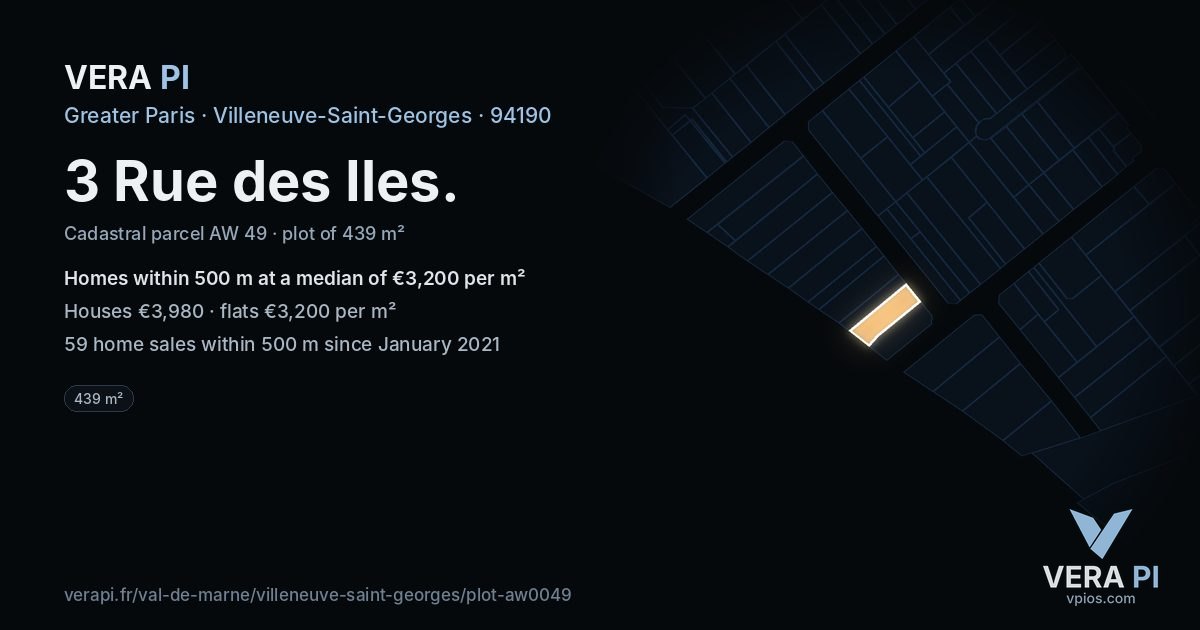 3 Rue des Iles, Villeneuve-Saint-Georges at night – the plot lit, the parcels around coloured by the prices near them