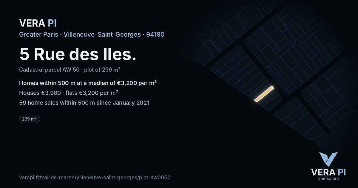 5 Rue des Iles, Villeneuve-Saint-Georges at night – the plot lit, the parcels around coloured by the prices near them