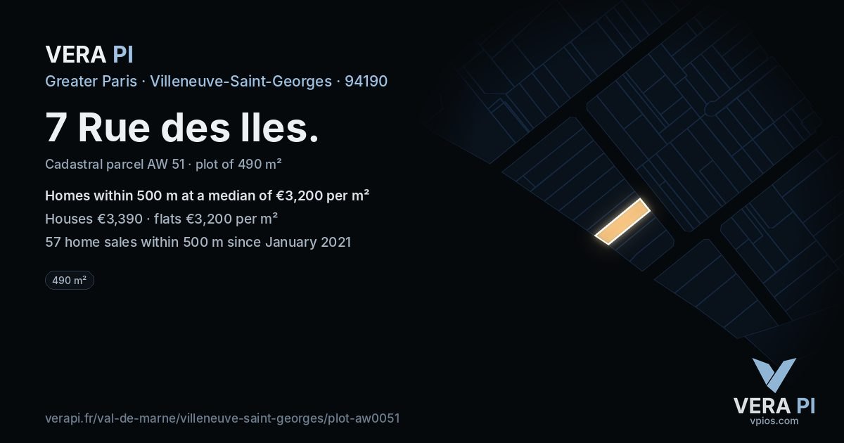 7 Rue des Iles, Villeneuve-Saint-Georges at night – the plot lit, the parcels around coloured by the prices near them
