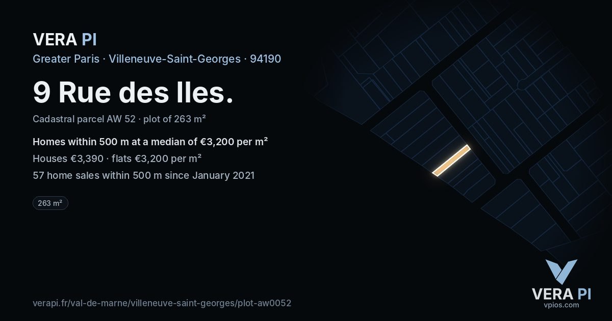 9 Rue des Iles, Villeneuve-Saint-Georges at night – the plot lit, the parcels around coloured by the prices near them