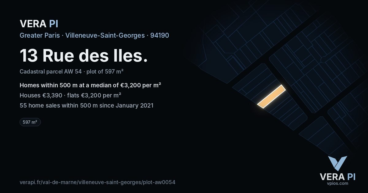 13 Rue des Iles, Villeneuve-Saint-Georges at night – the plot lit, the parcels around coloured by the prices near them