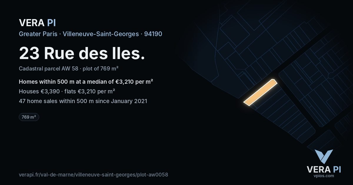 23 Rue des Iles, Villeneuve-Saint-Georges at night – the plot lit, the parcels around coloured by the prices near them