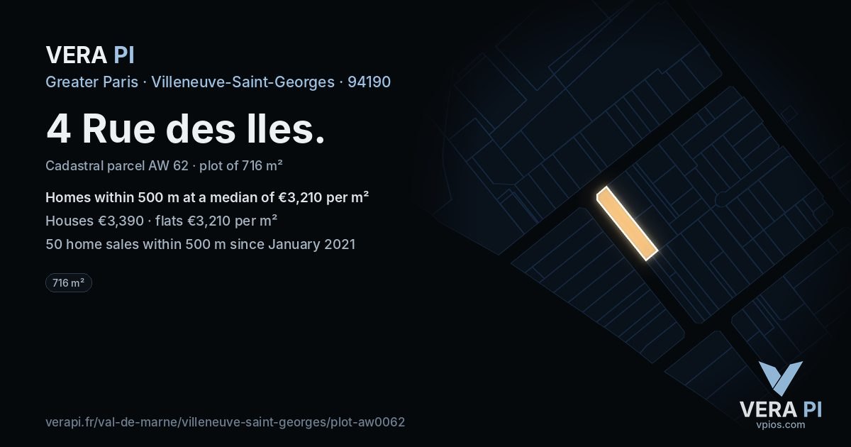 4 Rue des Iles, Villeneuve-Saint-Georges at night – the plot lit, the parcels around coloured by the prices near them