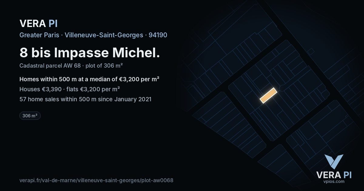 8 bis Impasse Michel, Villeneuve-Saint-Georges at night – the plot lit, the parcels around coloured by the prices near them