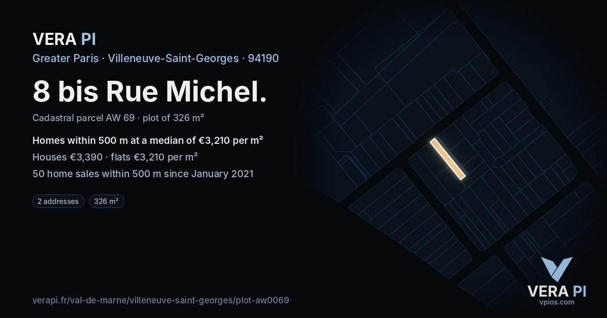 8 bis Rue Michel, Villeneuve-Saint-Georges at night – the plot lit, the parcels around coloured by the prices near them