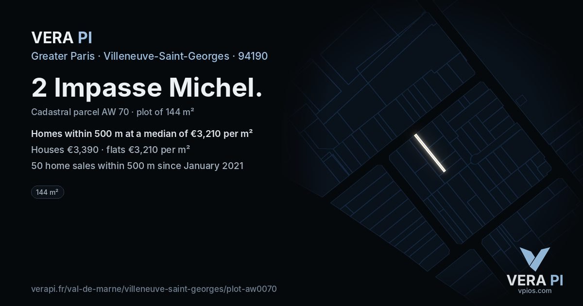 2 Impasse Michel, Villeneuve-Saint-Georges at night – the plot lit, the parcels around coloured by the prices near them