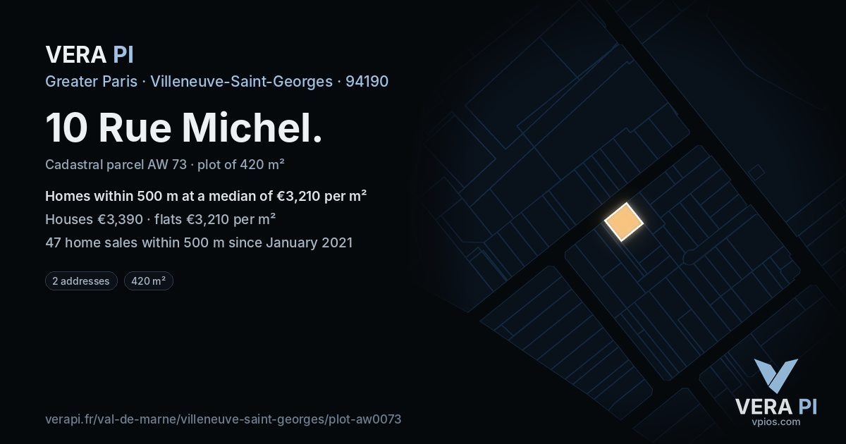 10 Rue Michel, Villeneuve-Saint-Georges at night – the plot lit, the parcels around coloured by the prices near them