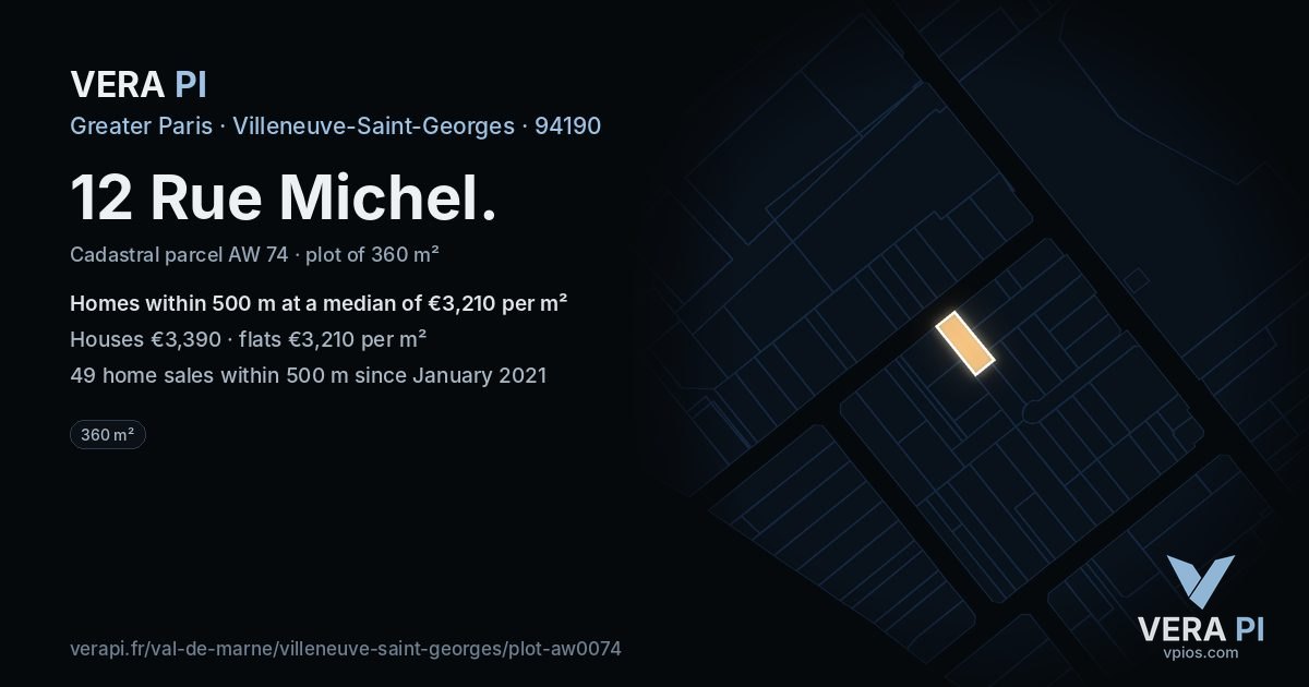 12 Rue Michel, Villeneuve-Saint-Georges at night – the plot lit, the parcels around coloured by the prices near them