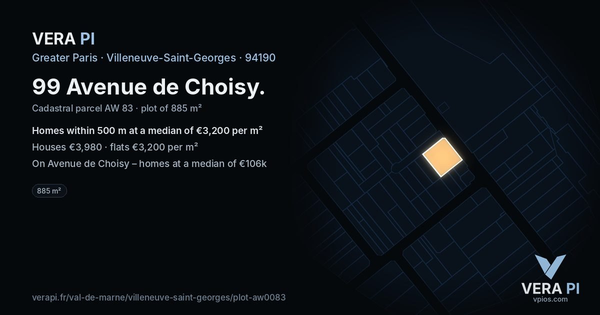 99 Avenue de Choisy, Villeneuve-Saint-Georges at night – the plot lit, the parcels around coloured by the prices near them