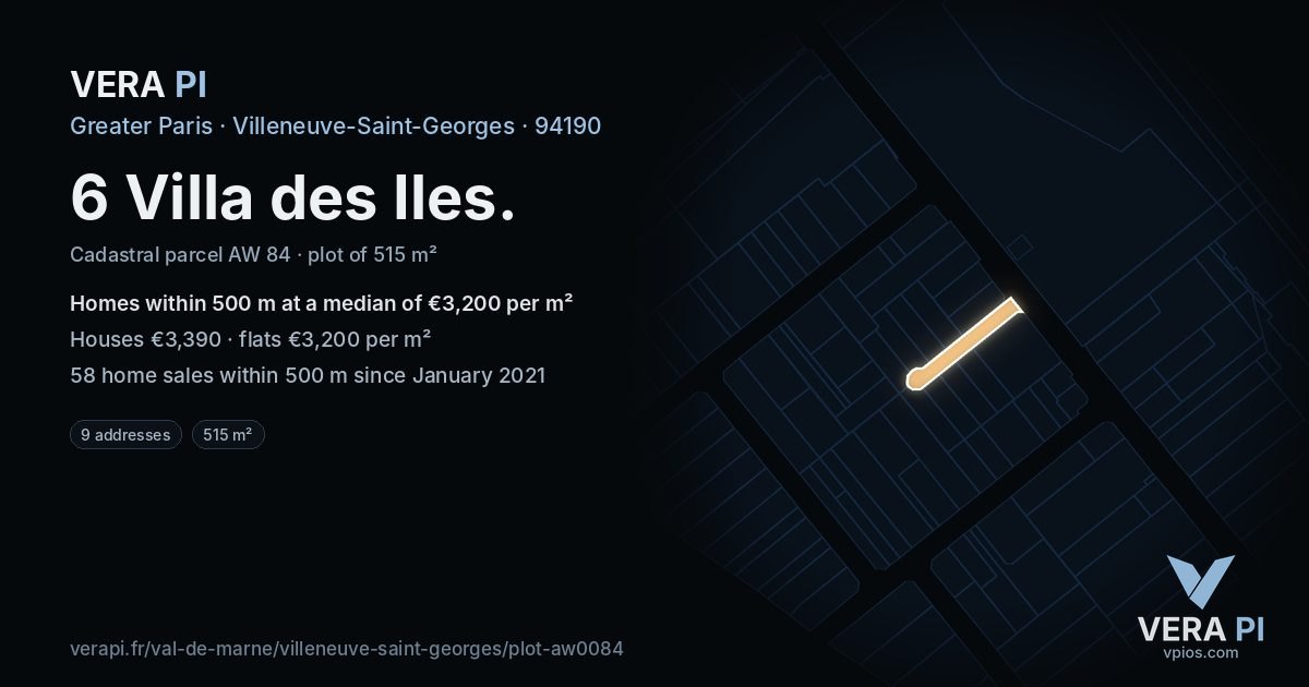 6 Villa des Iles, Villeneuve-Saint-Georges at night – the plot lit, the parcels around coloured by the prices near them