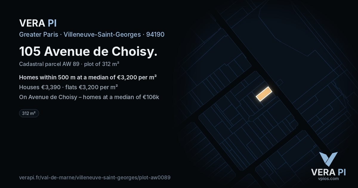 105 Avenue de Choisy, Villeneuve-Saint-Georges at night – the plot lit, the parcels around coloured by the prices near them