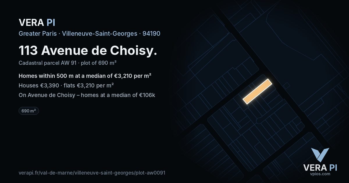 113 Avenue de Choisy, Villeneuve-Saint-Georges at night – the plot lit, the parcels around coloured by the prices near them