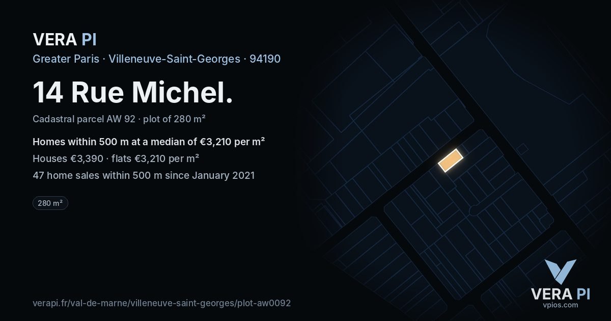 14 Rue Michel, Villeneuve-Saint-Georges at night – the plot lit, the parcels around coloured by the prices near them