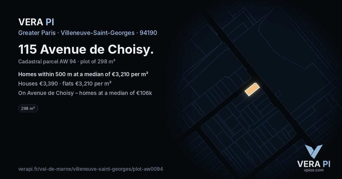 115 Avenue de Choisy, Villeneuve-Saint-Georges at night – the plot lit, the parcels around coloured by the prices near them