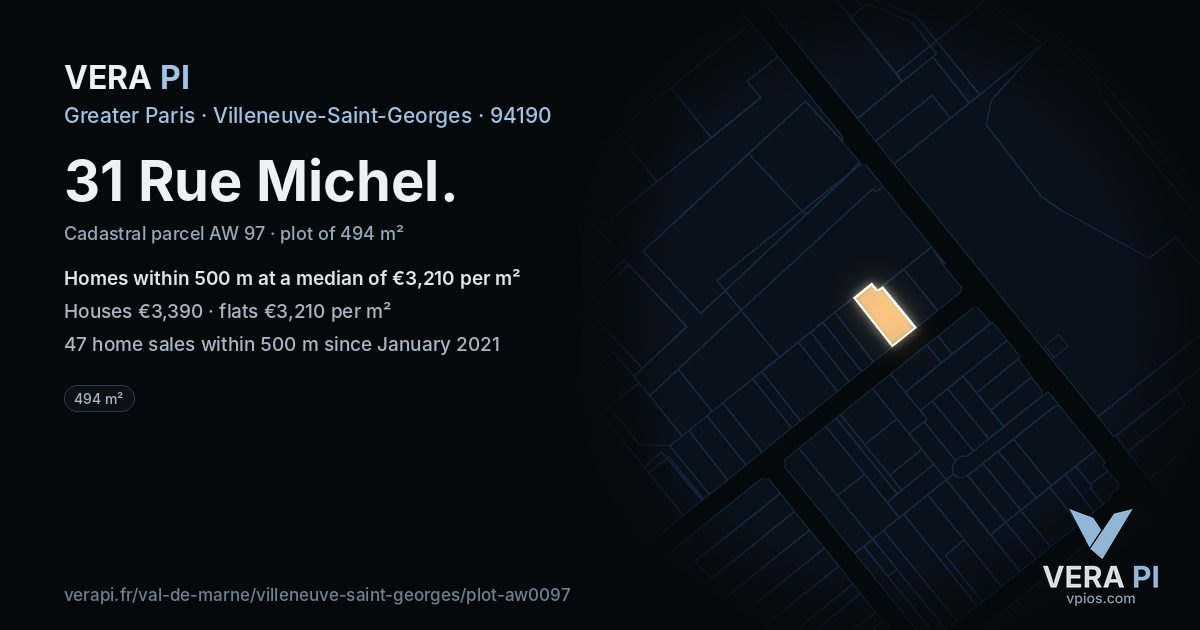 31 Rue Michel, Villeneuve-Saint-Georges at night – the plot lit, the parcels around coloured by the prices near them