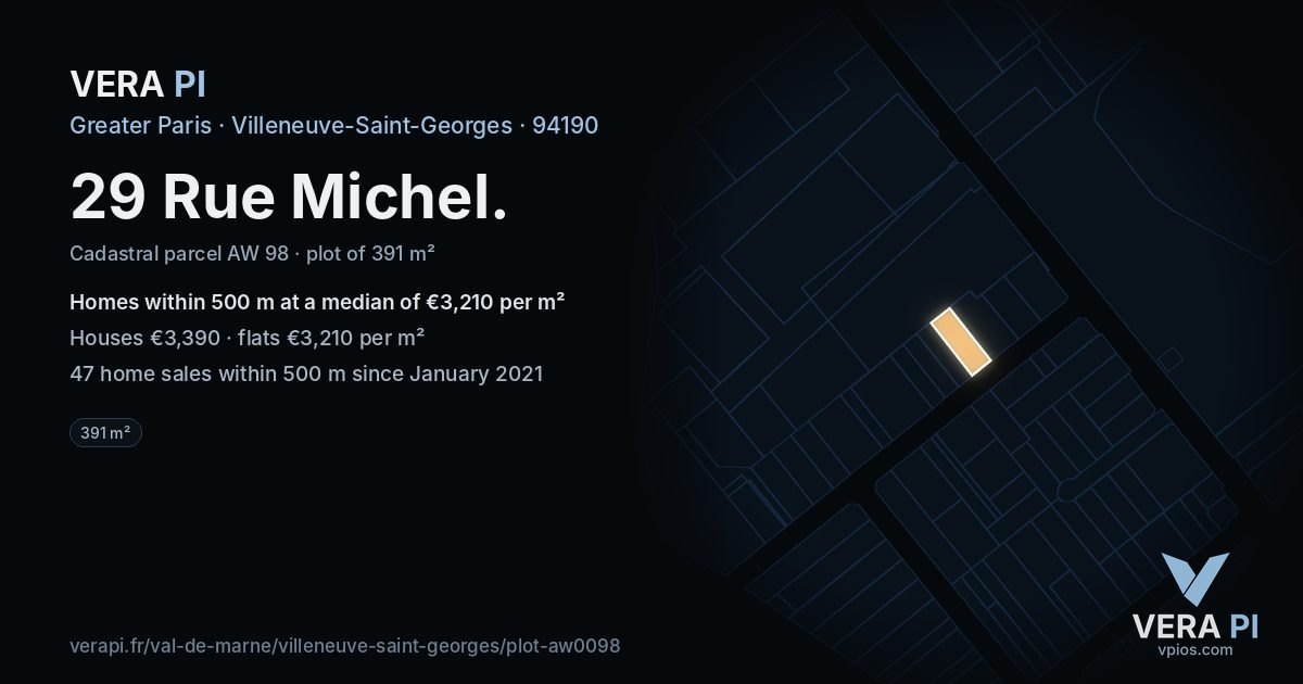 29 Rue Michel, Villeneuve-Saint-Georges at night – the plot lit, the parcels around coloured by the prices near them