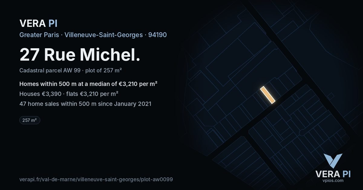 27 Rue Michel, Villeneuve-Saint-Georges at night – the plot lit, the parcels around coloured by the prices near them