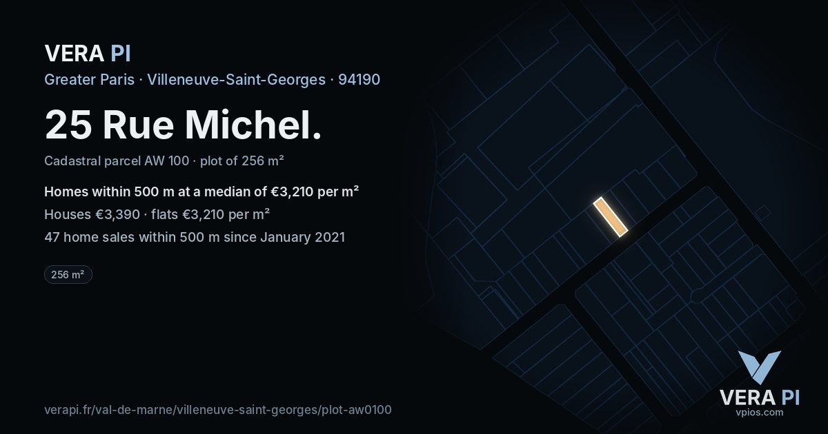 25 Rue Michel, Villeneuve-Saint-Georges at night – the plot lit, the parcels around coloured by the prices near them