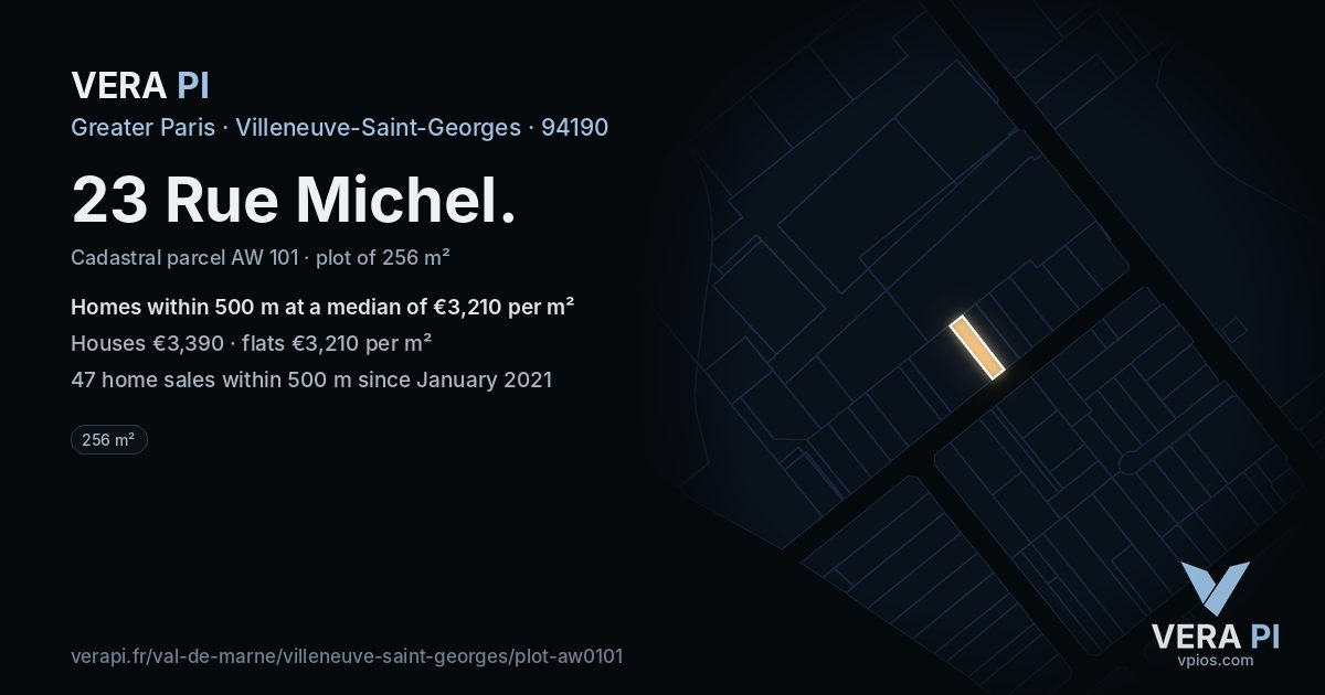 23 Rue Michel, Villeneuve-Saint-Georges at night – the plot lit, the parcels around coloured by the prices near them
