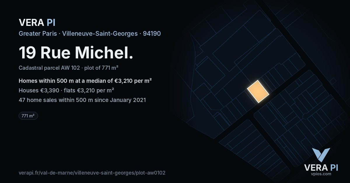 19 Rue Michel, Villeneuve-Saint-Georges at night – the plot lit, the parcels around coloured by the prices near them