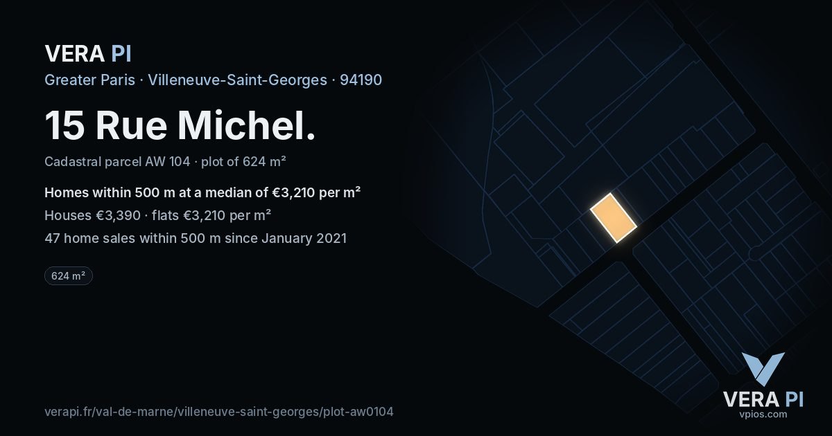 15 Rue Michel, Villeneuve-Saint-Georges at night – the plot lit, the parcels around coloured by the prices near them