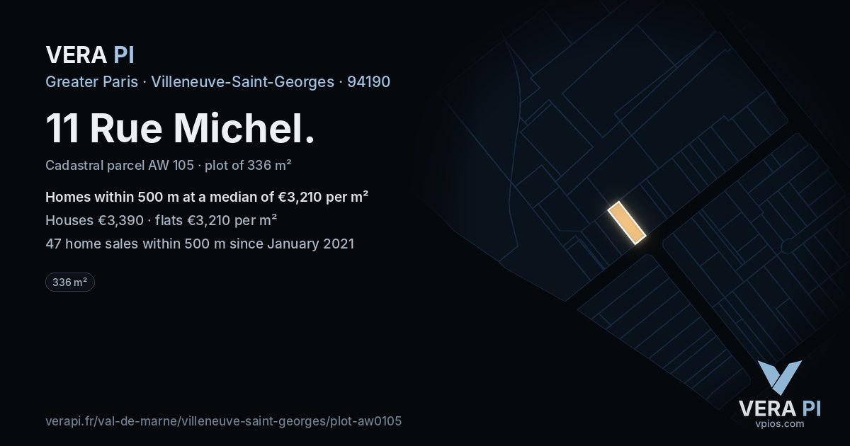11 Rue Michel, Villeneuve-Saint-Georges at night – the plot lit, the parcels around coloured by the prices near them