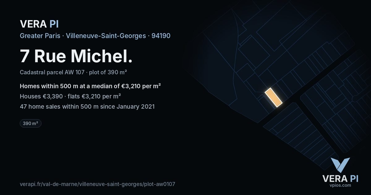 7 Rue Michel, Villeneuve-Saint-Georges at night – the plot lit, the parcels around coloured by the prices near them