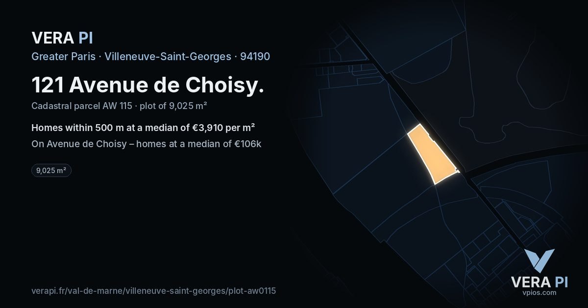 121 Avenue de Choisy, Villeneuve-Saint-Georges at night – the plot lit, the parcels around coloured by the prices near them