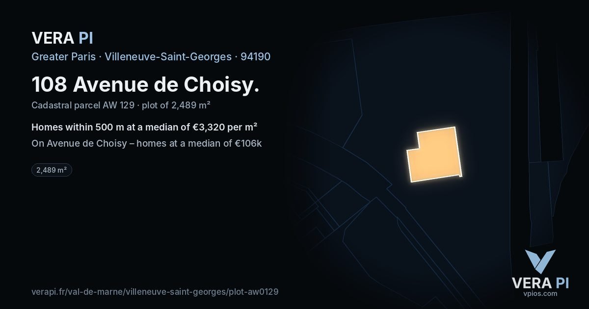 108 Avenue de Choisy, Villeneuve-Saint-Georges at night – the plot lit, the parcels around coloured by the prices near them
