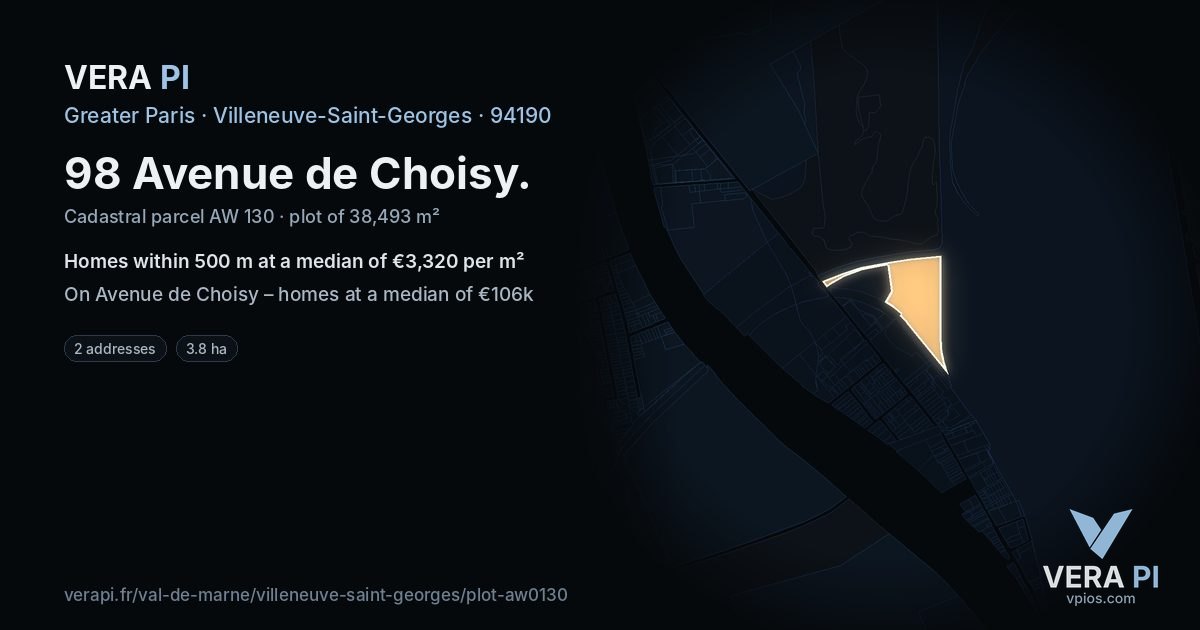 98 Avenue de Choisy, Villeneuve-Saint-Georges at night – the plot lit, the parcels around coloured by the prices near them