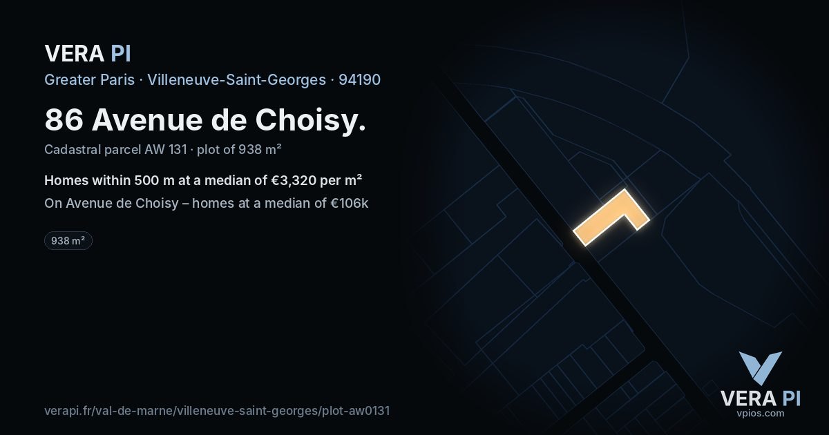 86 Avenue de Choisy, Villeneuve-Saint-Georges at night – the plot lit, the parcels around coloured by the prices near them
