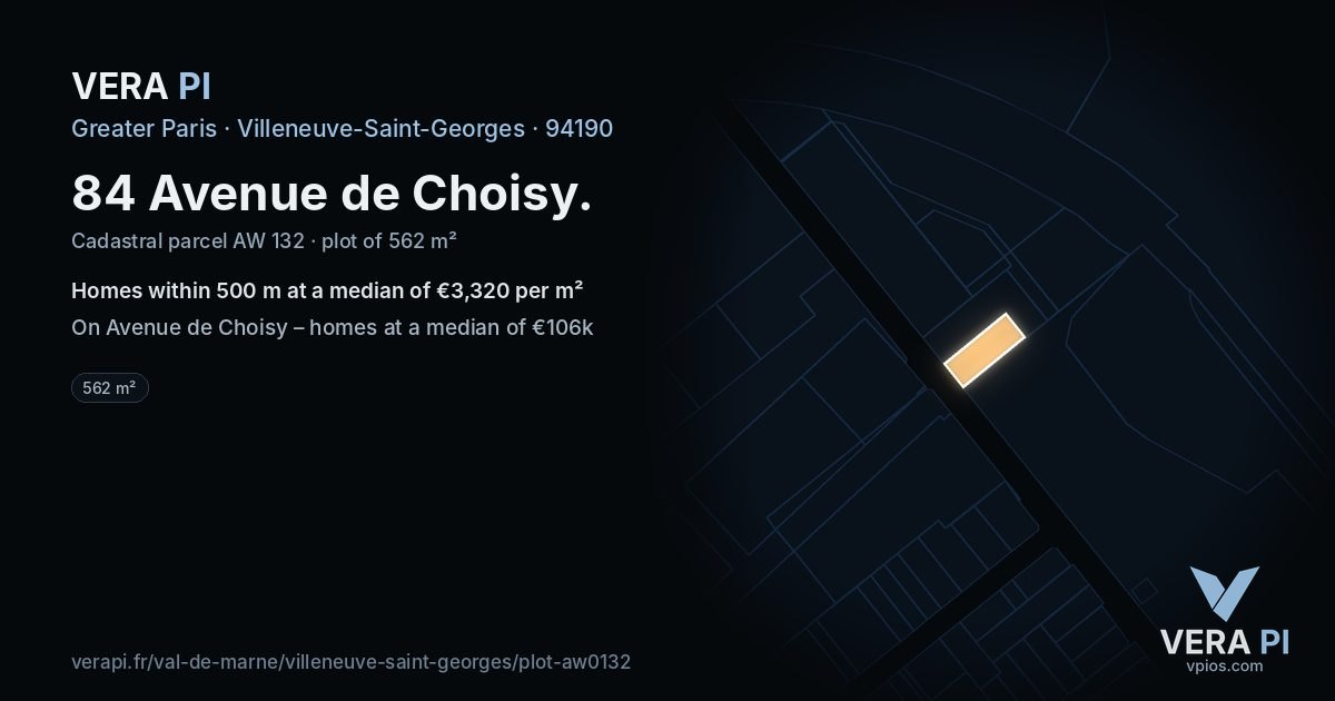 84 Avenue de Choisy, Villeneuve-Saint-Georges at night – the plot lit, the parcels around coloured by the prices near them
