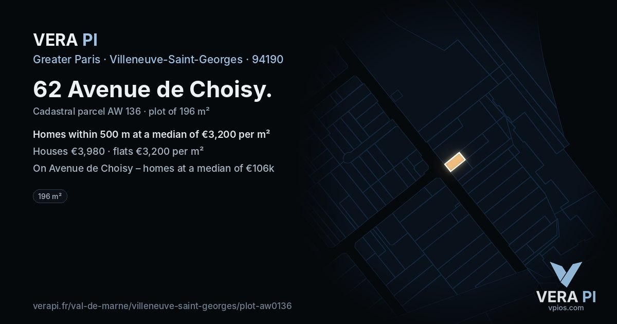 62 Avenue de Choisy, Villeneuve-Saint-Georges at night – the plot lit, the parcels around coloured by the prices near them